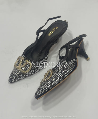 Sparkly Crystal Encrusted Pointed Toe Slingback Heels – Elegant Low Heel Evening Pumps