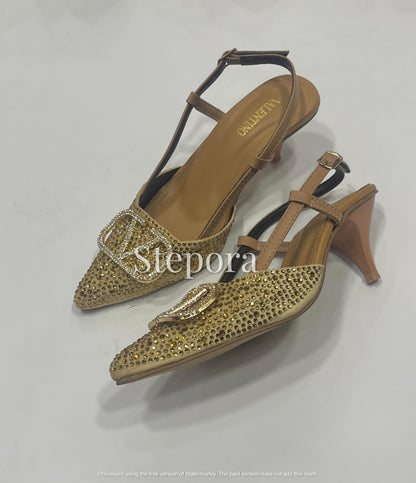 Sparkly Crystal Encrusted Pointed Toe Slingback Heels – Elegant Low Heel Evening Pumps