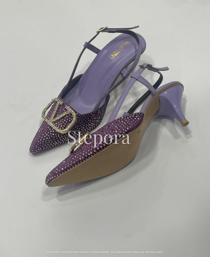 Sparkly Crystal Encrusted Pointed Toe Slingback Heels – Elegant Low Heel Evening Pumps