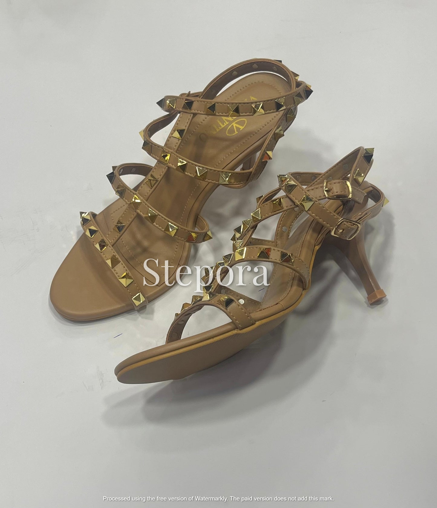 Gold Studded Multi-Strap Gladiator Heels – Strappy Pyramid Stud High Heel Sandals for Edgy Evening Wear