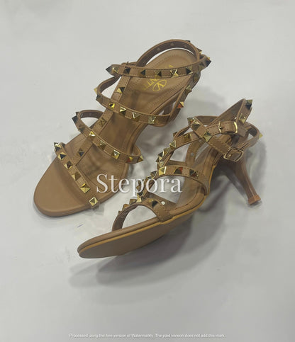 Gold Studded Multi-Strap Gladiator Heels – Strappy Pyramid Stud High Heel Sandals for Edgy Evening Wear