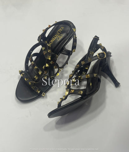 Gold Studded Multi-Strap Gladiator Heels – Strappy Pyramid Stud High Heel Sandals for Edgy Evening Wear