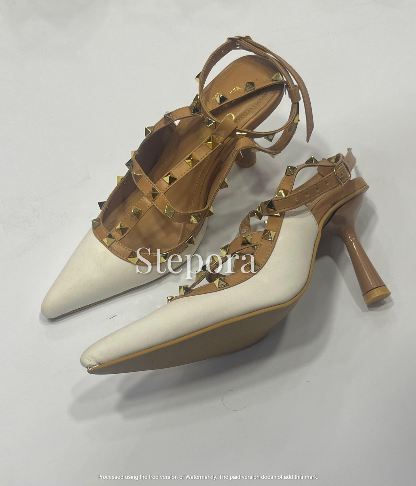 Studded Strappy Pointed Toe Pumps - Elegant T-Strap Mid-Heel Stiletto Sandals for Women