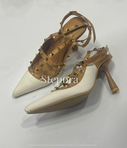 Studded Strappy Pointed Toe Pumps - Elegant T-Strap Mid-Heel Stiletto Sandals for Women