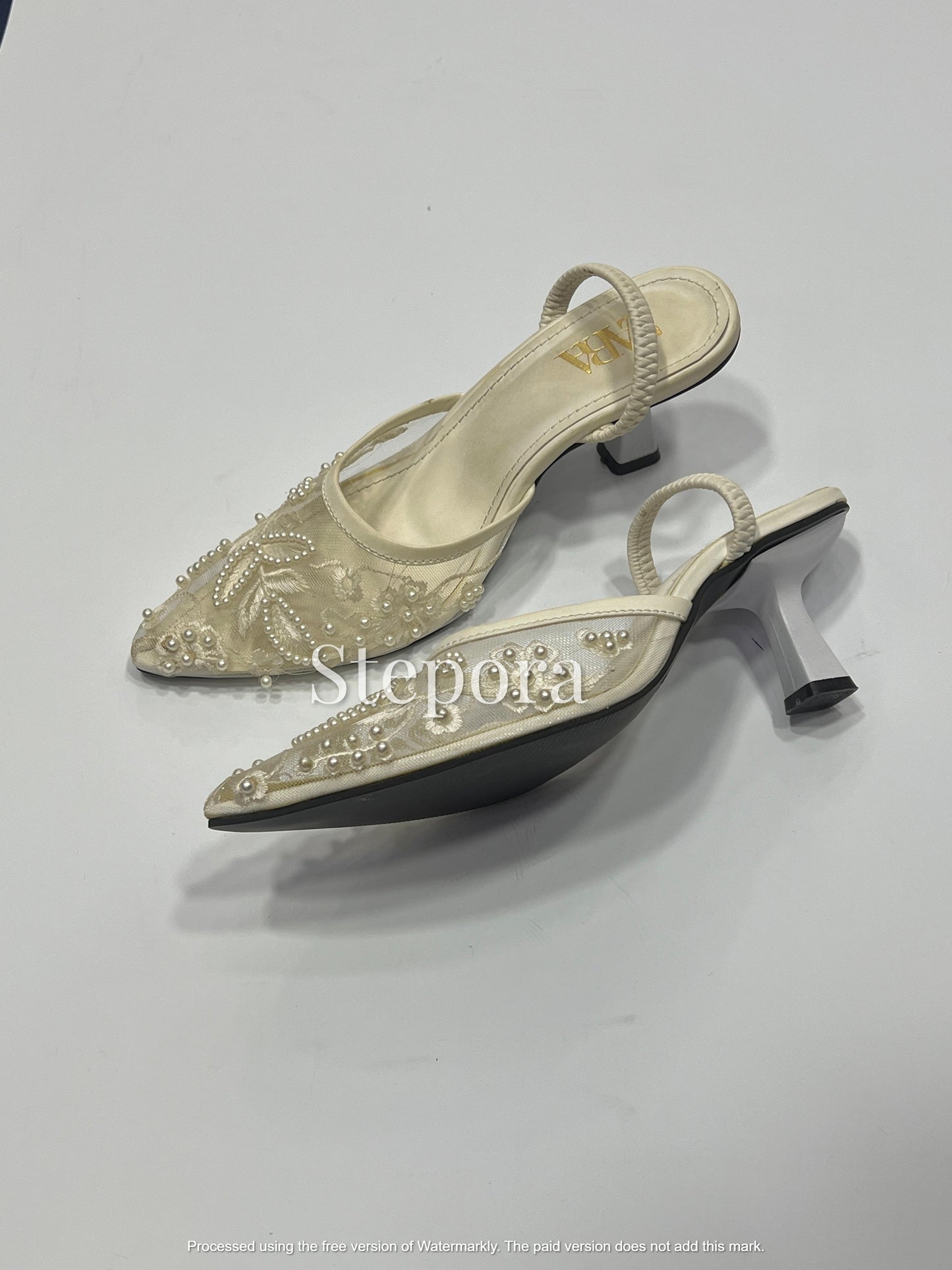 Elegant Pearl Embellished & Floral Embroidery Mesh Slingback Pumps - Pointed Toe Low Heel Evening Shoes