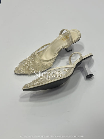 Elegant Pearl Embellished & Floral Embroidery Mesh Slingback Pumps - Pointed Toe Low Heel Evening Shoes