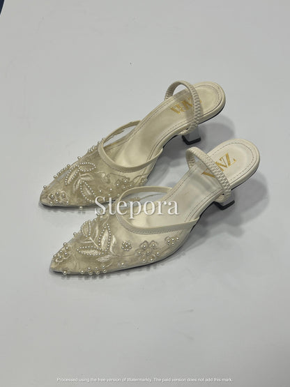 Elegant Pearl Embellished & Floral Embroidery Mesh Slingback Pumps - Pointed Toe Low Heel Evening Shoes