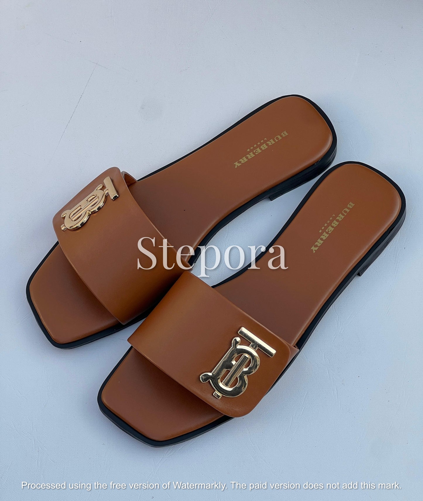 Premium Vegan Leather Square-Toe Slides – Chic Monogram Gold Hardware Slip-On Sandals