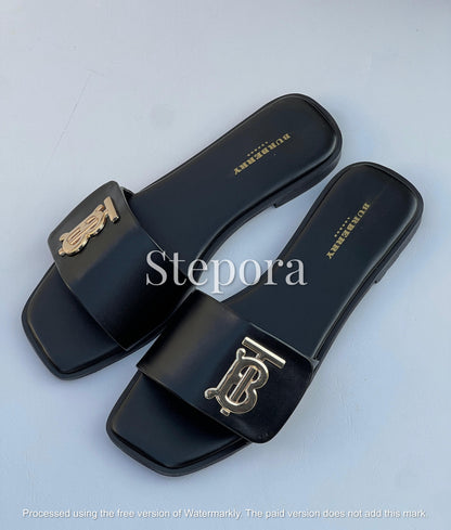 Premium Vegan Leather Square-Toe Slides – Chic Monogram Gold Hardware Slip-On Sandals