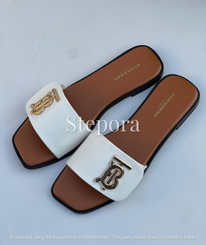 Premium Vegan Leather Square-Toe Slides – Chic Monogram Gold Hardware Slip-On Sandals