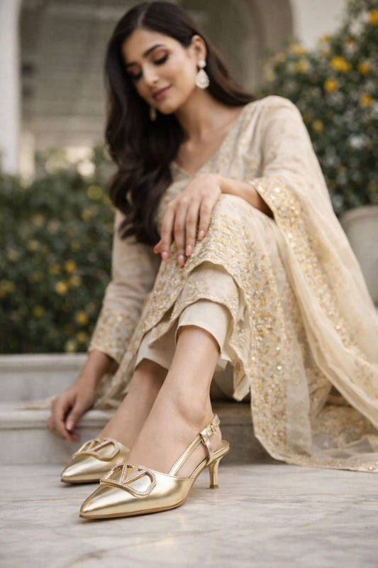 Crystal Buckle Pointed-Toe Slingback Kitten Heels