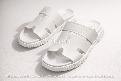 Cut-Out Wide Strap Slide Sandals with Serrated Platform Sole