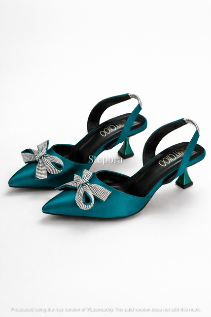 Crystal Bow Satin Slingback Heels