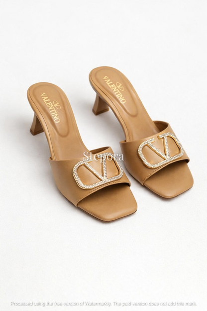 Crystal Buckle Kitten Heel Mules