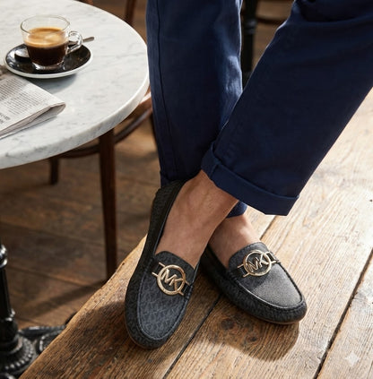 Signature Monogram Print Loafers – Women’s Gold Emblem Driving Shoes