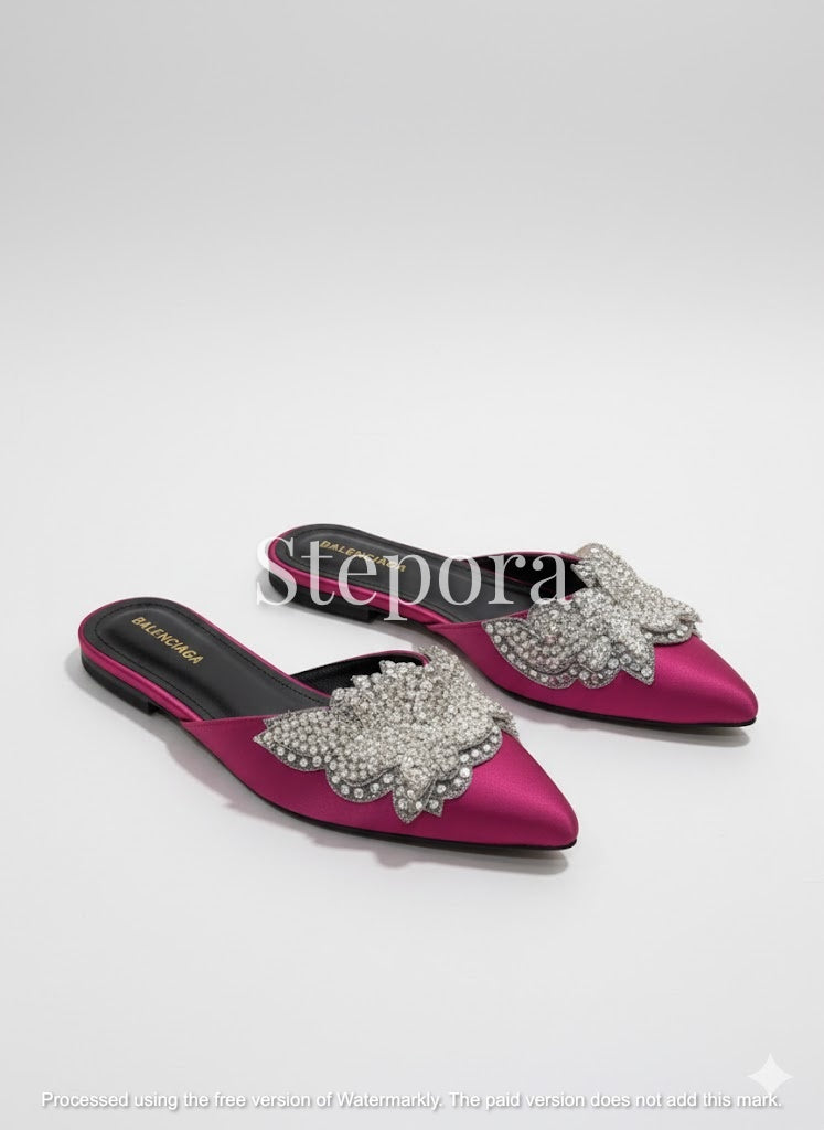 Pointed Toe Satin Mules with Crystal Embellished Butterfly - Formal Festive Flats