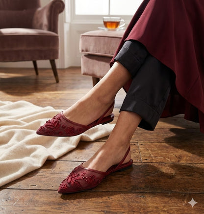 Hand-Beaded Mesh Slingback Collection - Pearl Grid & Floral Embroidered Pointed Toe Flats