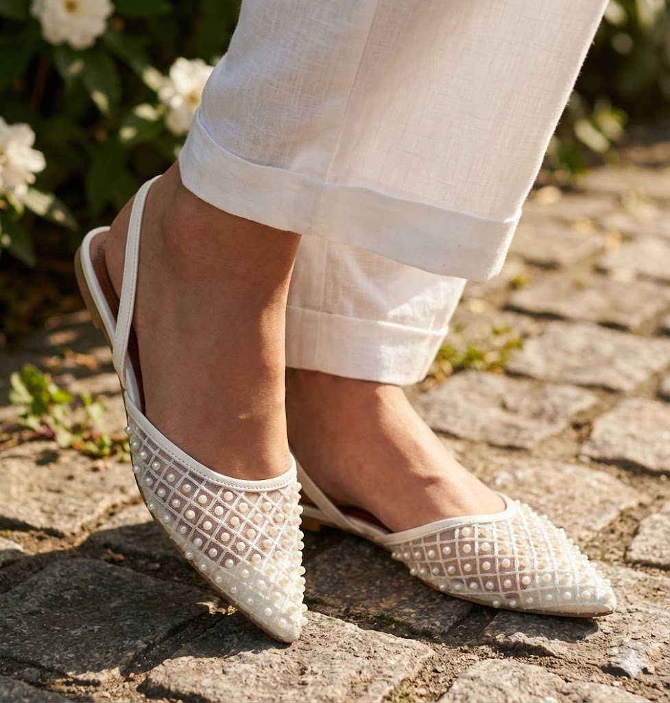 Elegant Mesh Slingback Collection: Pearl Grid & Floral Embroidered Pointed Toe Flats