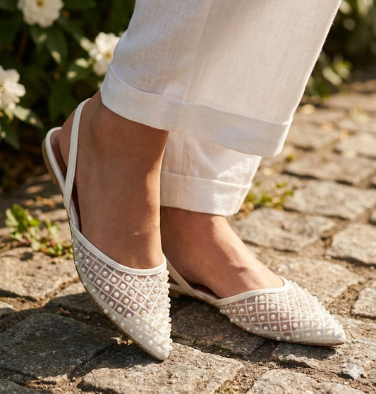 Elegant Mesh Slingback Collection: Pearl Grid & Floral Embroidered Pointed Toe Flats