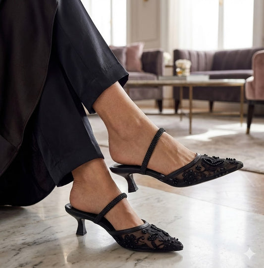 Elegant Pearl Embellished & Floral Embroidery Mesh Slingback Pumps - Pointed Toe Low Heel Evening Shoes