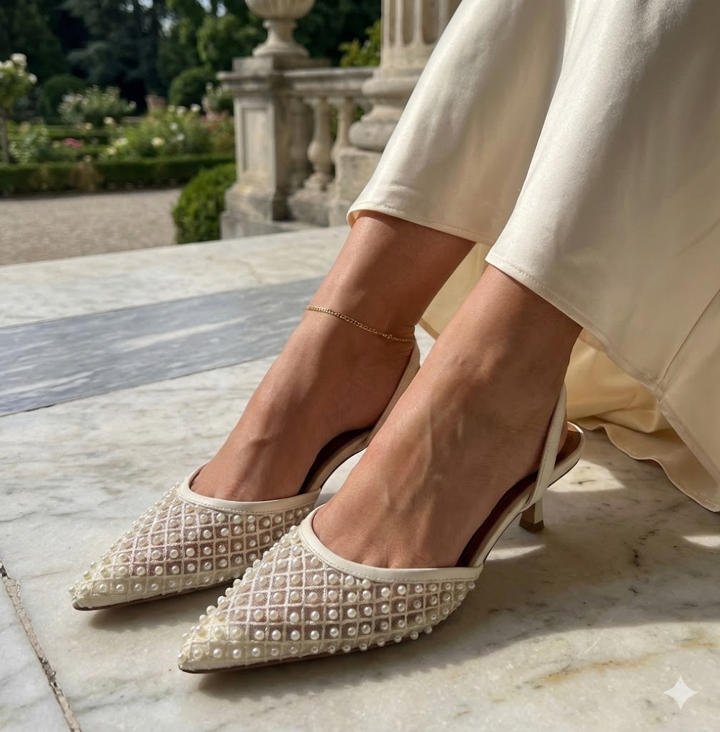 Pearl Embellished Mesh Slingback Pumps - Pointed Toe Low Heel Evening Shoes in Ivory and Black