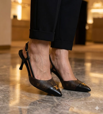 Women’s Pointed Toe Slingback Kitten Heels with Printed Upper and Gold Accent