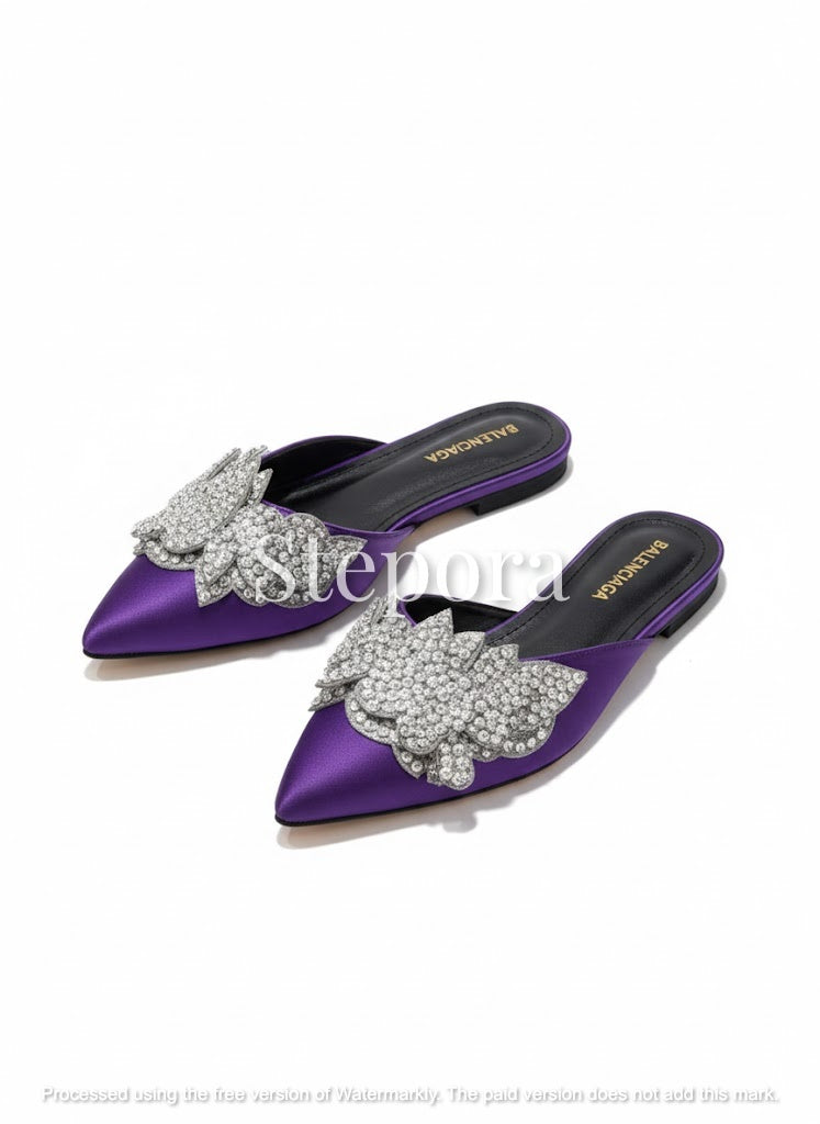 Pointed Toe Satin Mules with Crystal Embellished Butterfly - Formal Festive Flats
