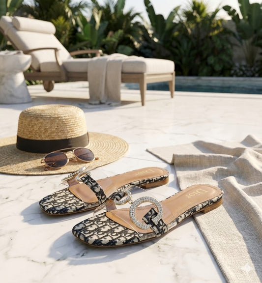 Women’s Designer Pattern Flat Sandals with Crystal Buckle Strap