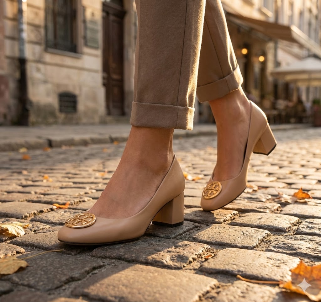 Gold Medallion Round-Toe Block Heel Pumps – Elegant Professional Office Shoes in Tan, Black, and Beige