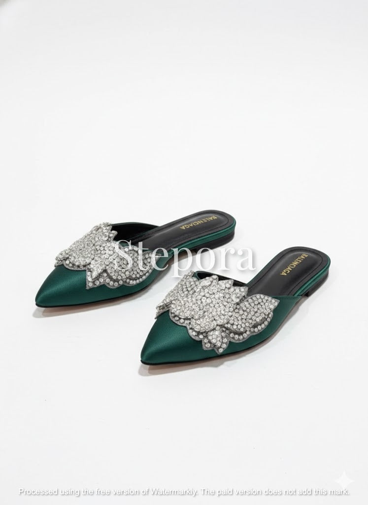 Pointed Toe Satin Mules with Crystal Embellished Butterfly - Formal Festive Flats