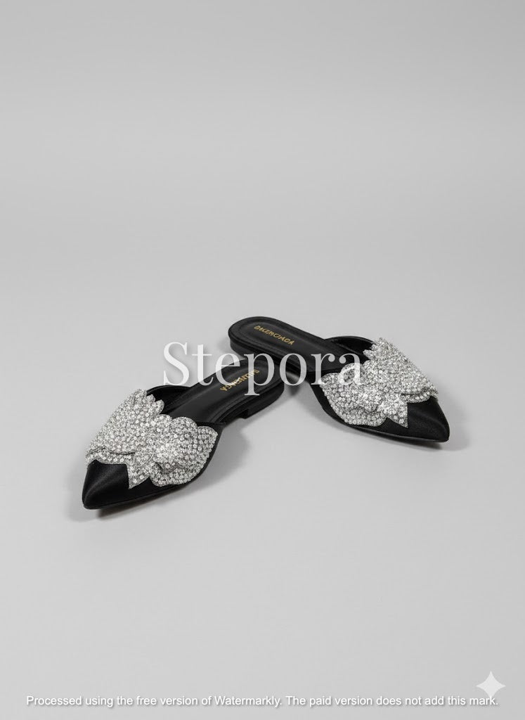 Pointed Toe Satin Mules with Crystal Embellished Butterfly - Formal Festive Flats