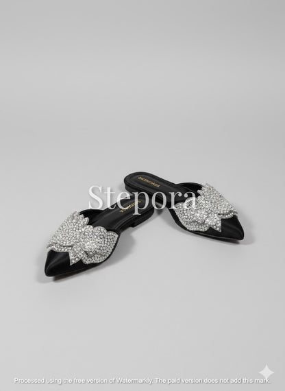 Pointed Toe Satin Mules with Crystal Embellished Butterfly - Formal Festive Flats