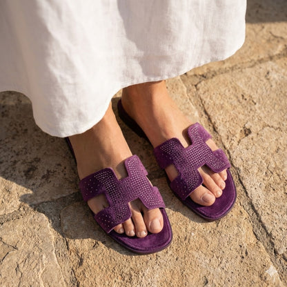 Crystal Embellished Velvet H-Strap Slides – Sparkling Rhinestone Flat Sandals