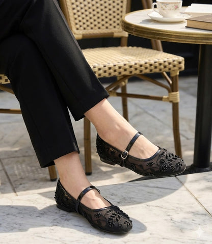 Pearl Embellished Floral Mesh Mary Jane Flats – Embroidered Sheer Ballet Pumps