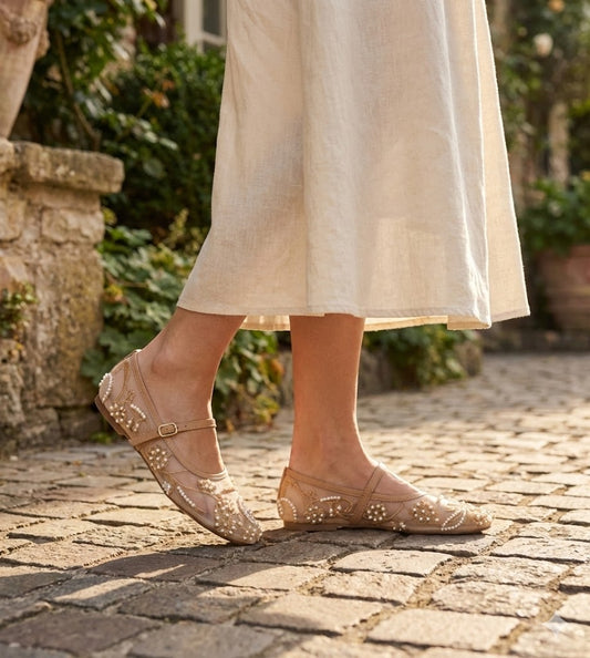 Embellished Mesh Mary Jane Ballet Flats – Pearl Beaded Floral Lace Wedding Guest Shoes