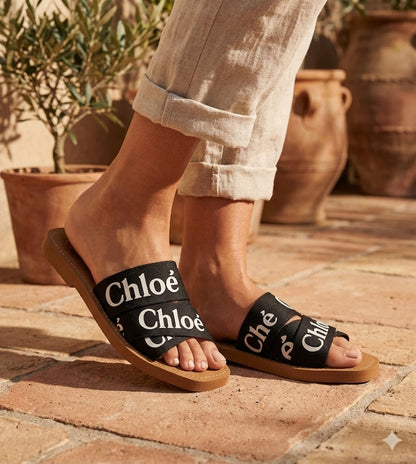 Cross-Strap Canvas Flat Slides – Bold Typography Summer Sandals in Black and Cream