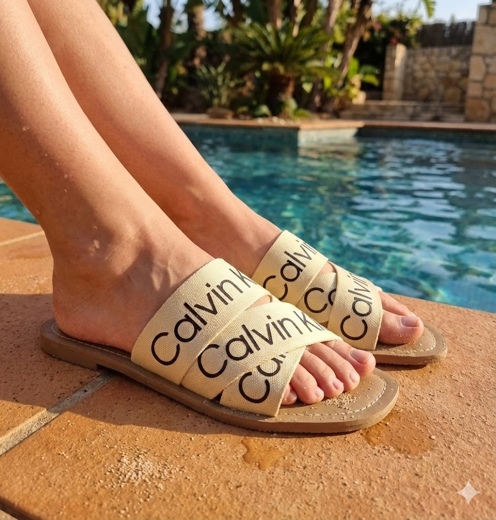 Contemporary Script Print Criss-Cross Slides – Women’s Everyday Flat Sandals