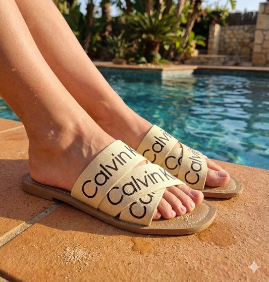 Contemporary Script Print Criss-Cross Slides – Women’s Everyday Flat Sandals