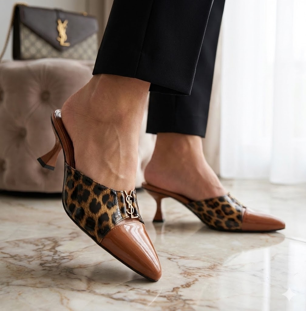 Leopard Print Pointed Toe Mules with Metal Monogram Accent
