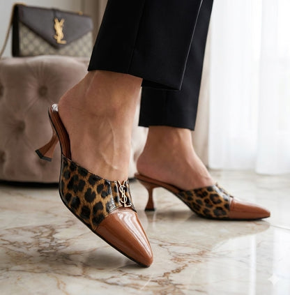 Leopard Print Pointed Toe Mules with Metal Monogram Accent