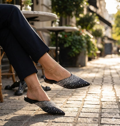 Sparkling Rhinestone Pointed Toe Mules – Women’s Dressy Flat Slides