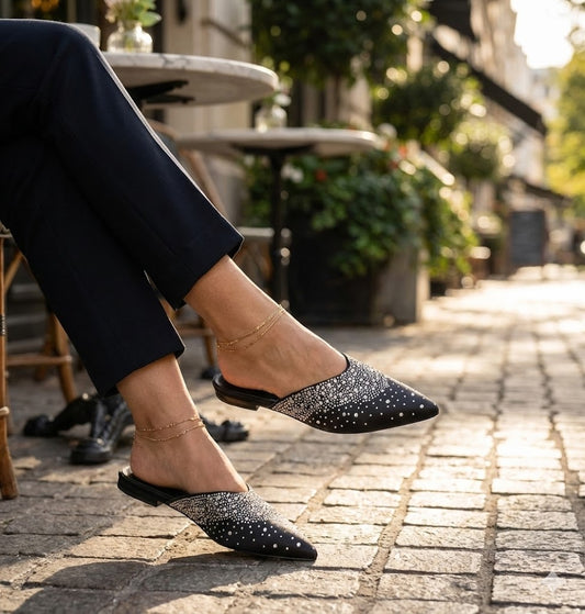 Sparkling Rhinestone Pointed Toe Mules – Women’s Dressy Flat Slides