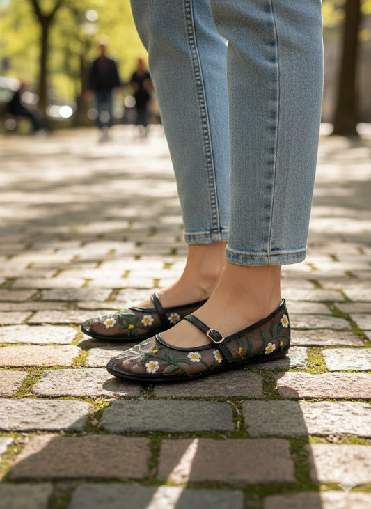 Women’s Floral Embroidered Mesh Mary Jane Flats – Sheer Botanical Ballet Pumps with Adjustable Buckle Strap