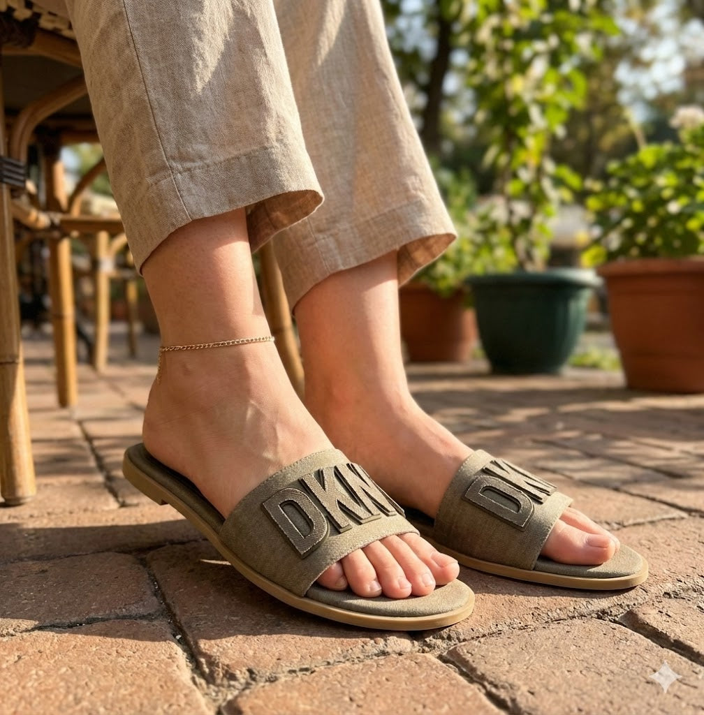 Embossed Bold Letter Canvas Slides – Women’s Casual Flat Sandals