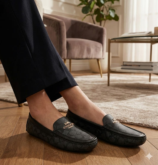 Classic Monogram Loafers | Women’s Slip-On Moccasins with Gold-Tone Metal Accent